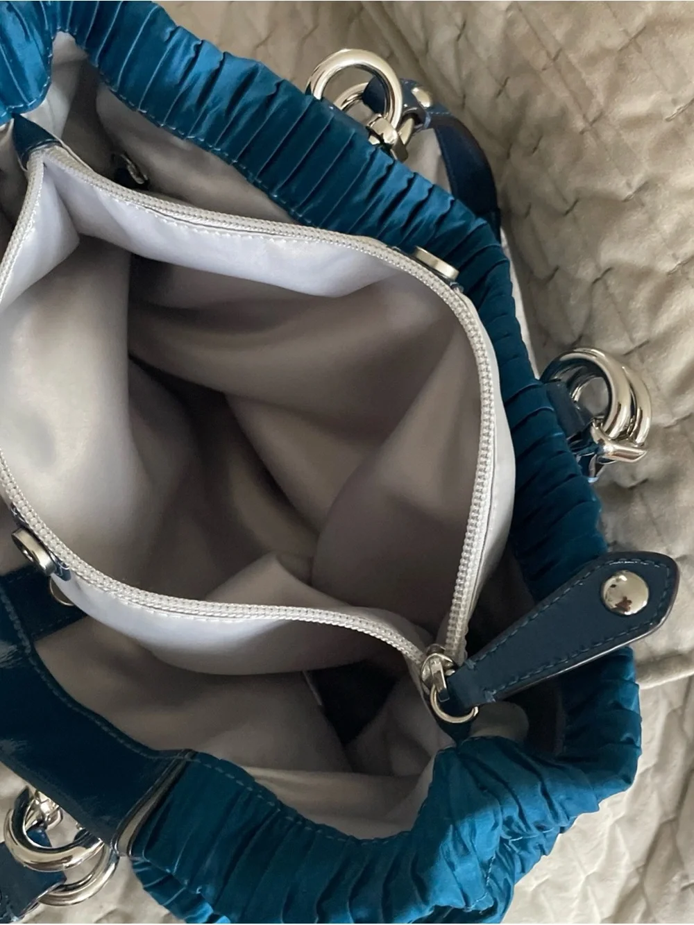 Coach Ashley Ocean Blue Pleated Tote satchel with Leather Trim